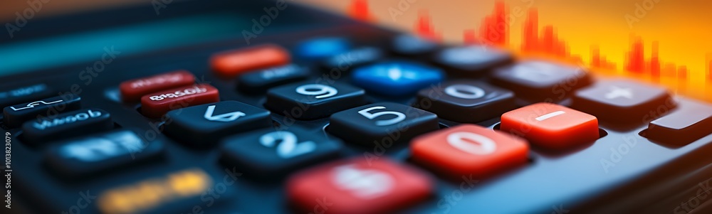 Leinwandbilder A close-up view of a calculator with colorful buttons, set against a background of dynamic graphs or data visualization.