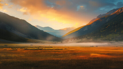 A quiet mountain valley at dawn, with the first rays of sunlight breaking through the mist