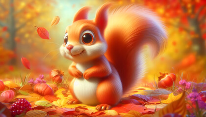 Obraz premium Cute cartoon of a baby squirrel for illustrations for children. Autumn colors