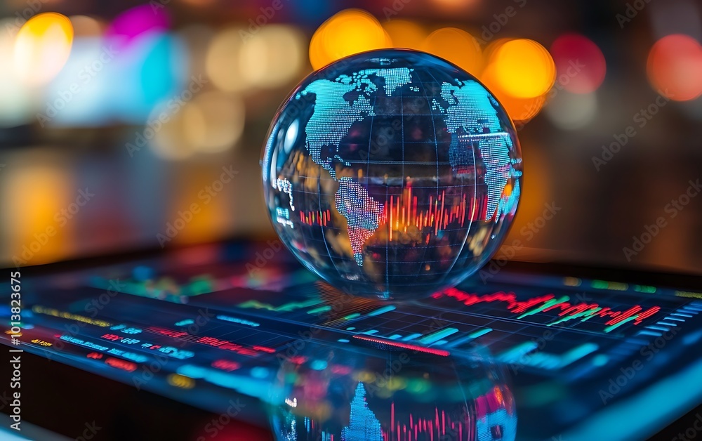 Poster a digital globe displays data trends on a vibrant, illuminated surface, symbolizing global finance a