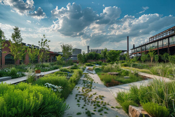 Fototapeta premium A reclaimed industrial area transformed into a green park, blending modern landscape design with nature