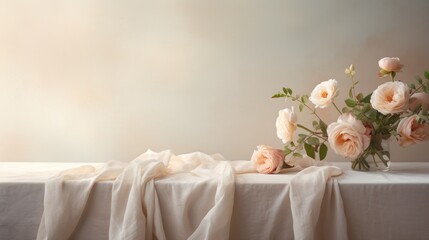 Red or pink roses in classic retro glass vase in peach brown interior. Neural network ai generated art