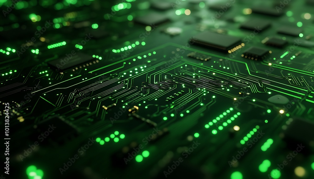 Poster a close-up view of a green circuit board, featuring intricate patterns of electronic components and 