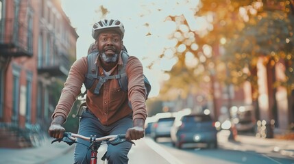 Athletic African American Man Biking to Work Promoting Sustainable Transportation