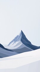 Snowy expanse with minimalist plains, solitary mountain peak rising against a clear sky, serene and tranquil atmosphere, inviting contemplation