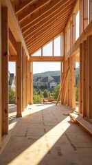 Interior framing of new house under construction in sunny neighborhood