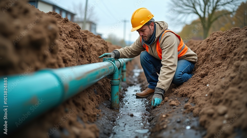 Wall mural workers install underground pipes for utilities and infrastructure development