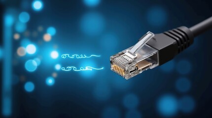 Close-up of RJ45 network cable with glowing connections
