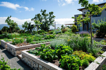 Fototapeta premium A residential garden designed with edible plants, fruit trees, and herbs, blending aesthetics with functionality