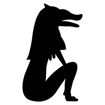 recommend clip art: Seated pharaoh fox. Ancient Egyptian animal design. Black silhouette on white background.