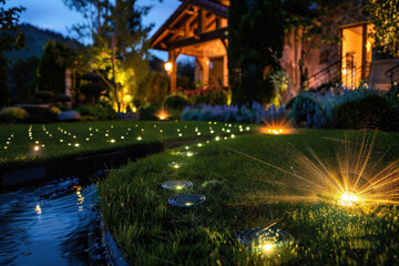 Naklejka premium A residential landscape with smart sensors that adjust watering, lighting, and weather monitoring systems