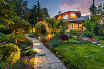 Fototapeta premium A residential landscape with smart sensors that adjust watering, lighting, and weather monitoring systems