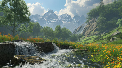 A restorative mountain scene with flowing water and peaceful views, designed to promote relaxation and healing