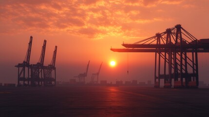 Obraz premium Idyllic Sunset Over Idle Shipping Port Cranes