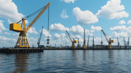 Fototapeta premium Cranes Over Water with Protest Banner Displayed