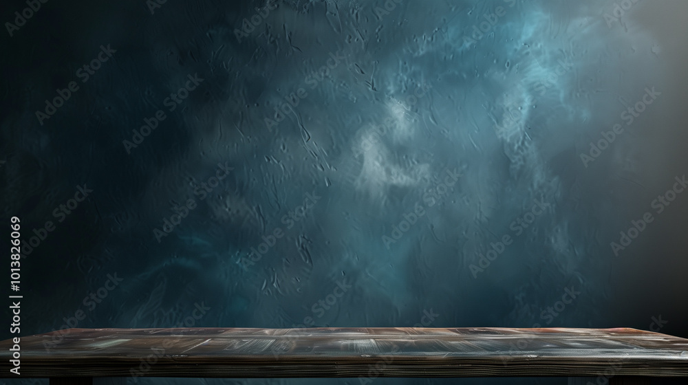 Poster a dark background wall with an empty table, perfect for showcasing products with a clean and minimal