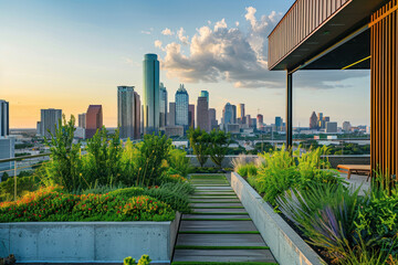 Fototapeta premium A rooftop garden on a high-rise building, offering stunning views of the city skyline and green spaces