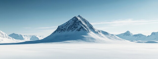 Snowy plains meet a solitary mountain peak in a minimalist landscape, showcasing serene beauty and expansive tranquility.