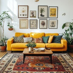 A cozy living room features a bright yellow sofa, a vibrant patterned carpet, potted plants, and framed wall art creating warmth.