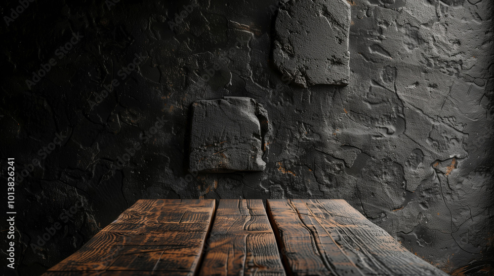 Poster a dark background wall with an empty table, perfect for showcasing products with a clean and minimal