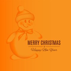 Postcard with snowman in bow and hat in orange colors. Holiday new year  and christmas decoration template. 