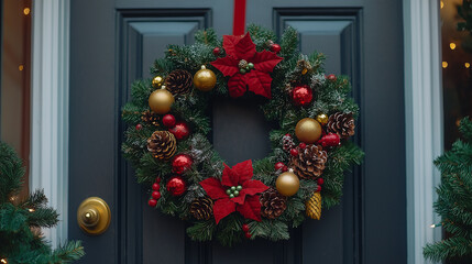 Christmas Wreath on the Door, a welcoming holiday wreath hung on a front door, with copy space, Christmas Day