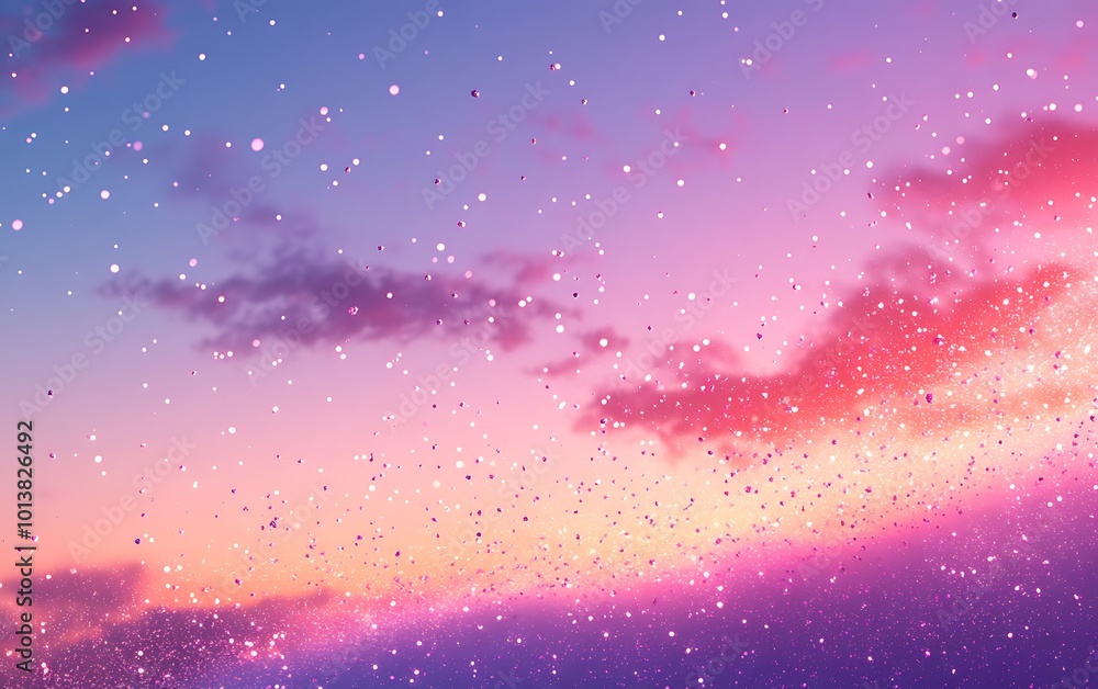 Poster a serene, colorful sky at twilight, adorned with delicate clouds and sparkling elements, creating a 