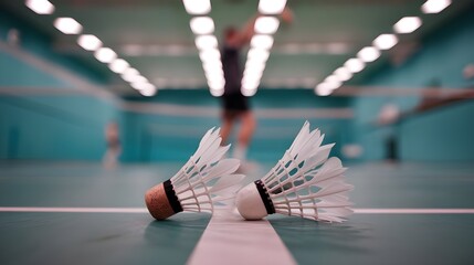 Badminton Shuttlecocks on Court with Blurred Player in Background