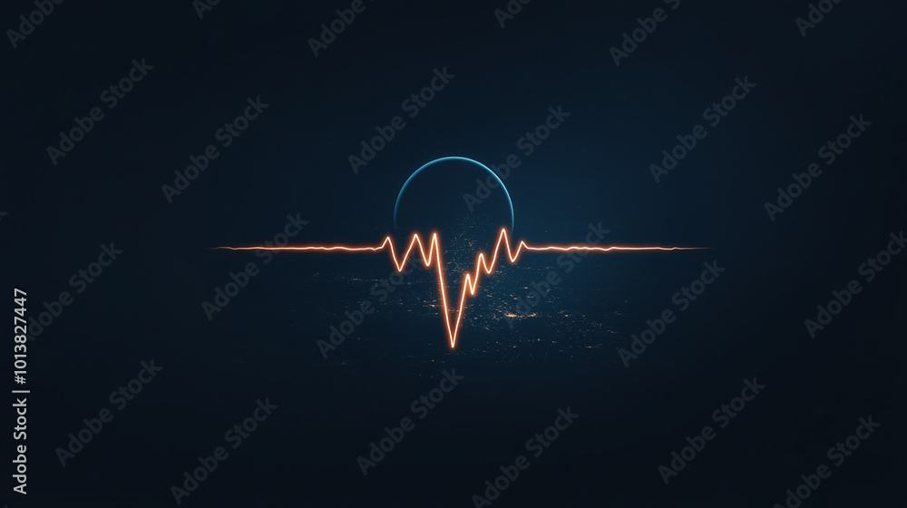 Poster abstract design with a heartbeat line and circle on a dark background.