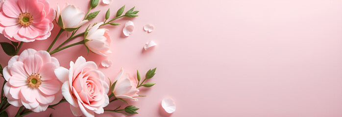 Fototapeta premium Beautiful floral spring banner for Mother's Day, March 8th. Pink flower frame