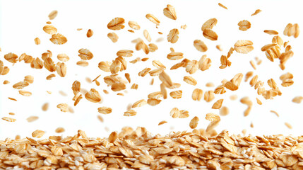 Falling Oats in Motion Against White Background - A dynamic capture of oat flakes falling through the air with a pile of oats beneath them.