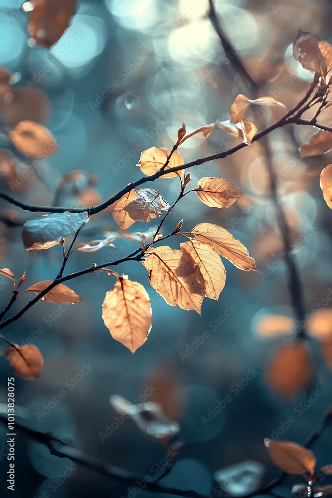 Poster sunlight shining through autumn leaves with bokeh background.