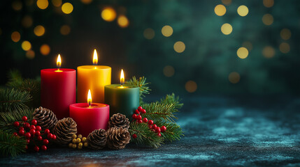 Festive Christmas Candles, glowing candles in holiday colors, with copy space, Christmas Day