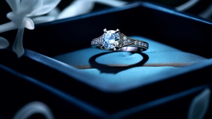 Diamond solitaire ring closeup in dark environment. Neural network ai generated art