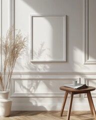 Fototapeta premium A sophisticated interior with a framed canvas casting soft shadows, harmonized by classical wall paneling and decor.