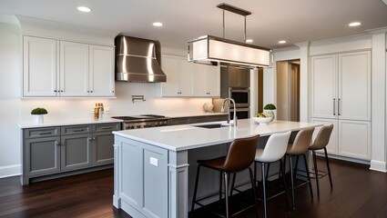 Gorgeous luxury kitchen with marble accents and contemporary minimalist design
