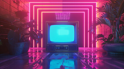 A neon colored room with a retro design television on a stand and a plant in a vase. 