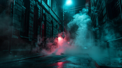A dark city street at night shrouded in smog and smoke, illuminated by neon lights, creating a moody urban atmosphere with rays of light piercing through the darkness.

