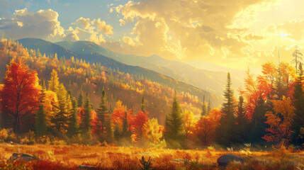Fototapeta premium A serene autumn scene with vibrant trees and mountains glowing under the golden light of sunset