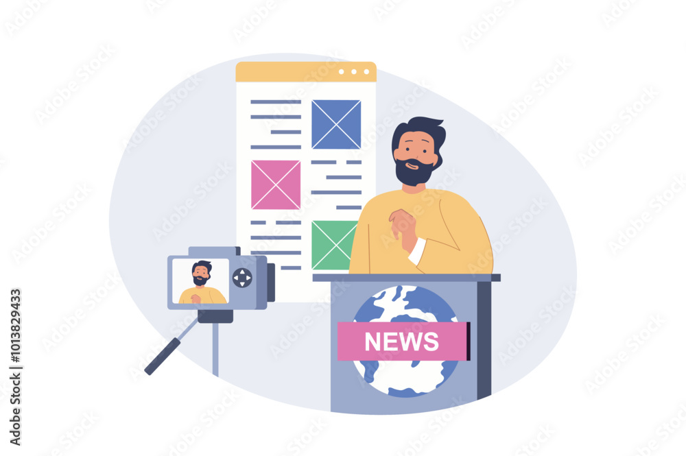 Poster Journalism concept in modern flat design for web. Man working as presenter in tv show, recording breaking news program in studio, broadcasting information and messages in mic. Vector illustration.