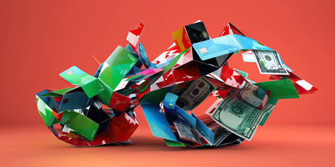 A colorful, abstract sculpture made entirely from discarded credit cards and currency, raising awareness about consumerism and waste. 