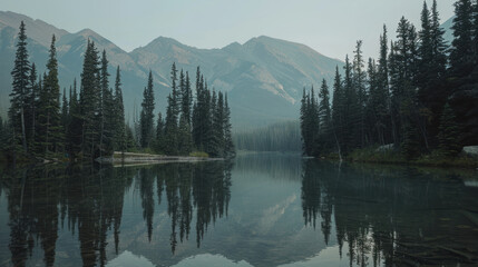 Fototapeta premium A serene mountain lake surrounded by tall pine trees, reflecting the surrounding mountain range