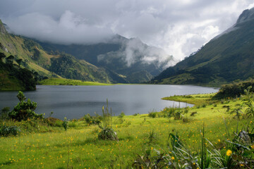 Naklejka premium A serene mountain lake tucked away in a remote valley, perfect for those seeking solitude in nature