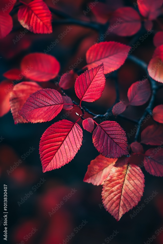 Poster Vibrant red leaves on a branch in autumn, close up