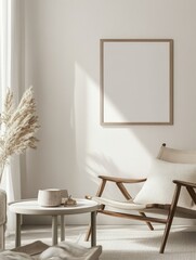 The image showcases a modern armchair next to a sleek table, styled with a neutral palette and pampas grass in natural sunlight.