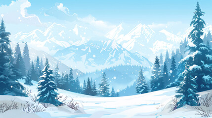 Obraz premium A serene winter mountain landscape with snow-covered trees and distant peaks, ideal for desktop background