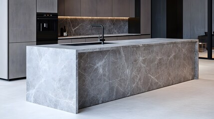 Home kitchen interior with stone island, sink, and cooking cabinet with stove