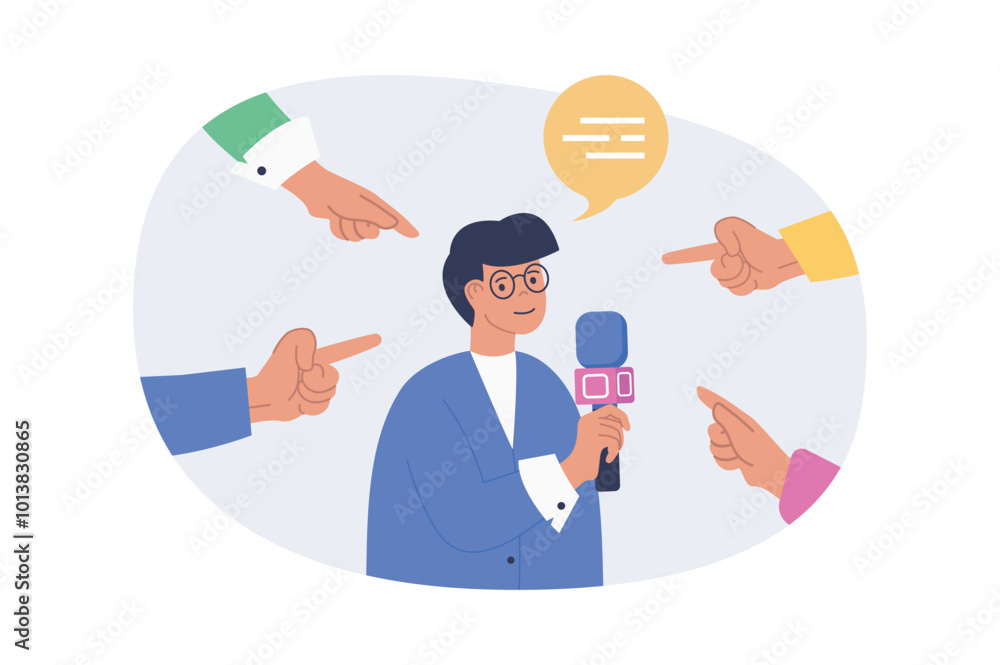 Leinwandbilder journalism concept in modern flat design for web. man with microphone commenting news in press media