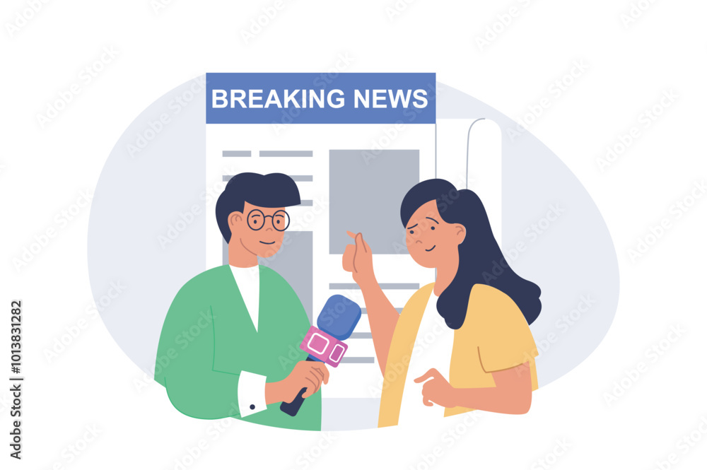Aufkleber Journalism concept in modern flat design for web. Man with microphone getting live comments news from woman, preparing articles and reportage publication in newsletter press. Vector illustration.