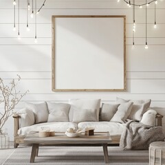 A rustic living room with a wooden sofa, blankets, and hanging lights exuding a charming, inviting atmosphere for relaxation.